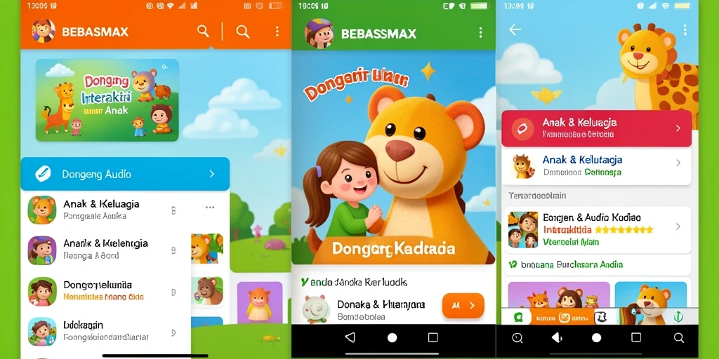 Tampilan antarmuka BEBASMAX dengan berbagai pilihan dongeng audio.